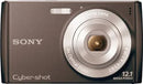 Front view of a used Sony Cyber-shot DSC-W510 12.1MP digital point and shoot camera in black, great condition.