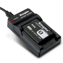 Sony NP-BG1 Battery Charger with 1 Battery by KingMa featuring a single slot travel dock, 900mAh G-Series power cell, and charging cord.