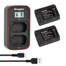 Sony NP-FZ100 Smart LCD Dual Battery Charger kit by KingMa featuring the charging dock, two 2000mAh batteries, and Type-C cable.