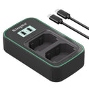 Overhead straight view of the empty dual charging ports on the KingMa PD 3.0 9V 2A camera battery terminal.