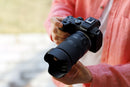 Handheld view of the Tamron 17-70mm f2.8 lens for Canon RF attached to an EOS camera body.