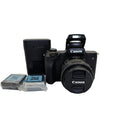 Front look at a used Canon EOS M50 Mark II mirrorless camera with 15-45mm IS STM lens attached, from Best Camera Store.