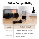 Operational view of the KingMa D-Tap charger plugged into an AC wall socket while replenishing a cinema battery next to a wide compatibility model series chart.