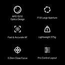 Feature icons graphic detailing the APO optical design, F1.8 aperture, and STM motor specifications at best camera store