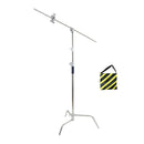 Heavy-duty stainless steel C-stand with sliding leg for professional studio lighting.