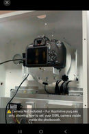 Interior view of the Vista photo booth cabinet showing how to mount a DSLR camera and manage the internal power outlet wiring.