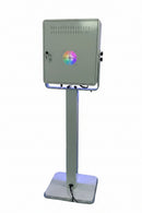 Rear view of the Vista square photo booth cabinet showing the secure locking back door with access keys and ventilation cooling fan.