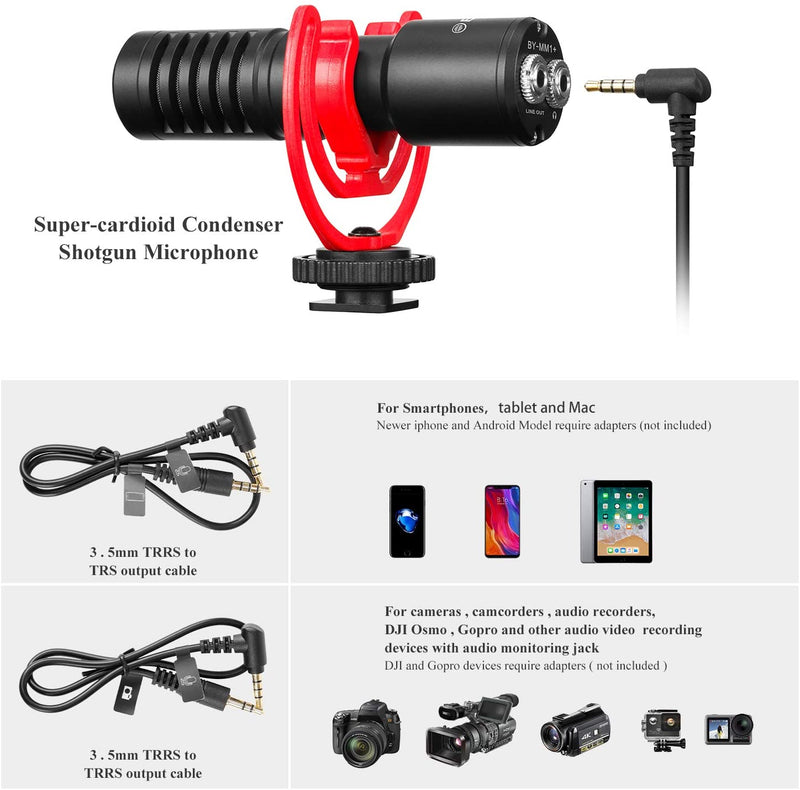 BOYA BY-MM1+ Camera-Mount Super-Cardioid Condenser Shotgun Microphone for Phones and Cameras  with Headphone Jack