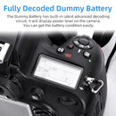 Decoded Kingma EN-EL15c dummy battery providing continuous live stream power to a Nikon mirrorless body without showing system error codes.