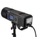 Godox AC26 AC adapter mounted onto the battery slot of a Godox AD800Pro outdoor flash.